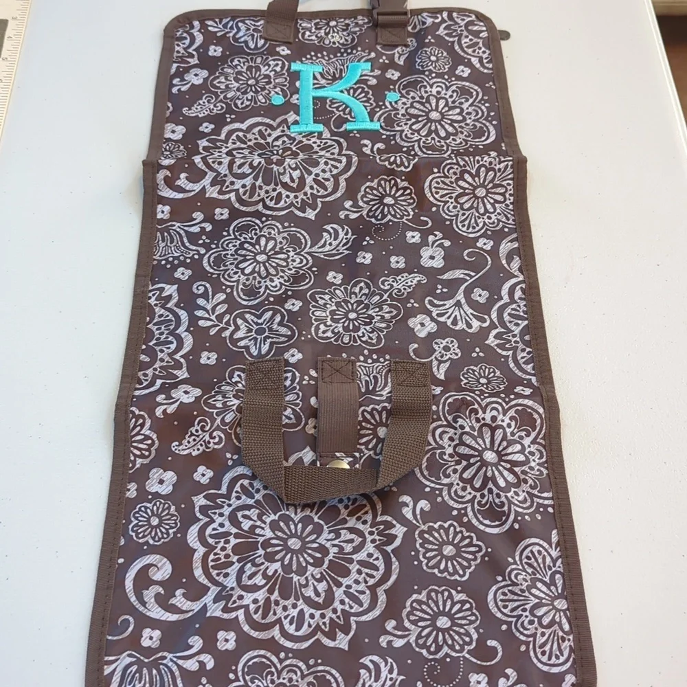 Thirty -one, brown floral cosmetic bag. Personalized initial K
